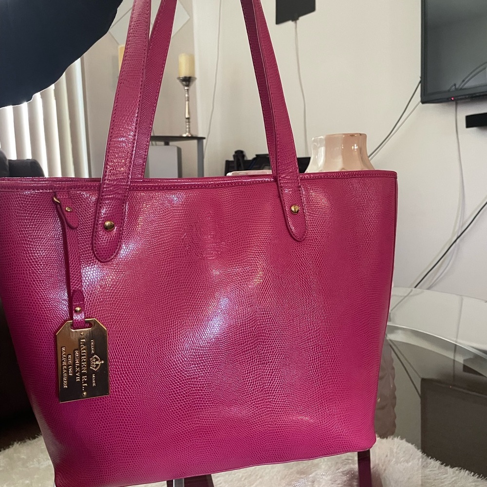Pretty Hot Pink Ralph Lauren Patent Leather Tote with gold hardware